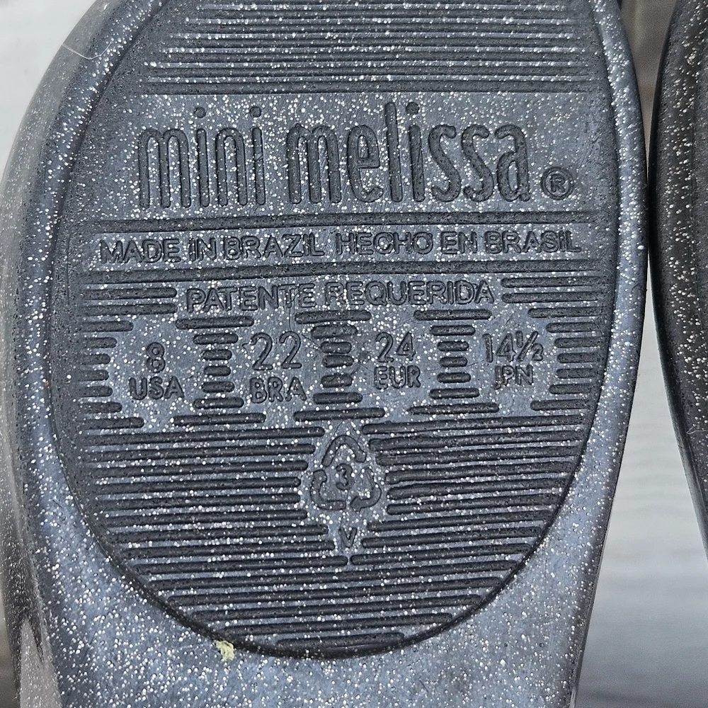 Mini Melissa Ultragirl Black Sparkle Bow Mary Jane Jelly Flats SZ 8 Hook & Loop